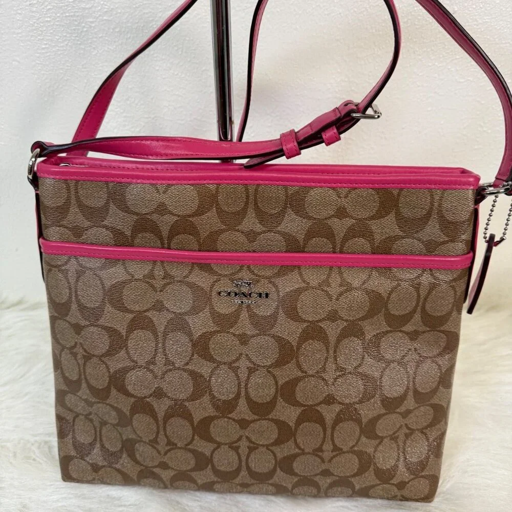 Coach Large File Shoulder Bag Signature PVC Canvas Khaki Dahlia Pink F58297